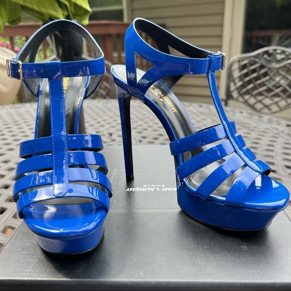 Saint Laurent Electric Blue Platform T Strap Sandals Heels Size 6